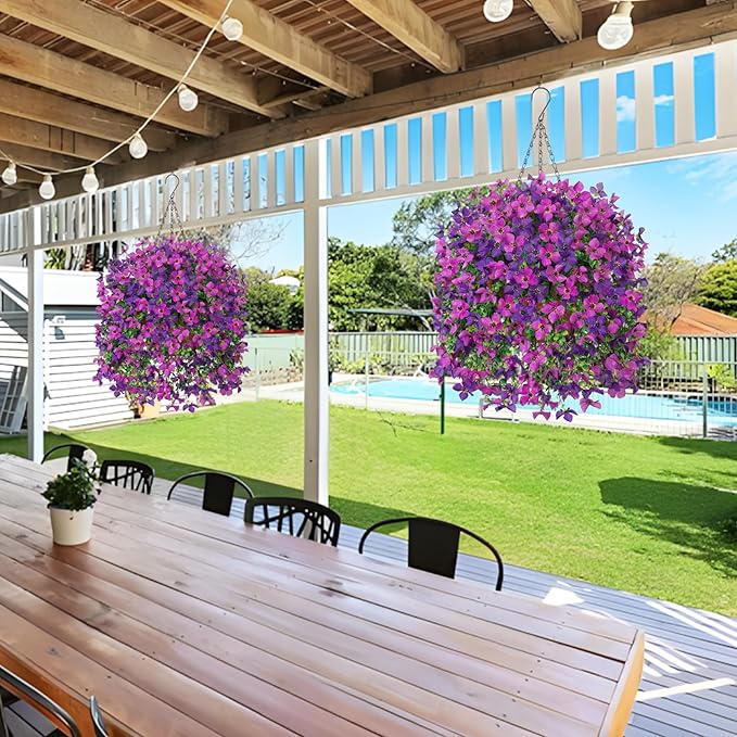 INXUGAO Artificial Hanging Flowers Plants with Basket for Outdoors, Realistic Faux Silk Daisy Flower Eucalyptus for Spring Decor, UV Resistant Fake Plants for Porch Patio Yard Balcony, Violet