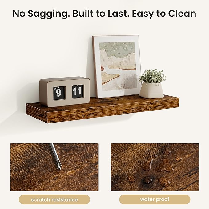 Fun Memories Floating Shelves for Wall, Rustic Wood Wall Mounted Shelves for Bathroom, Bedroom, Living Room and Kitchen, Storage & Home Decor (Set of 2, Brown, 24 in)