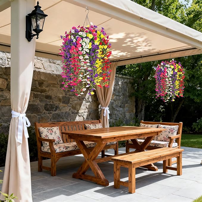 INXUGAO Artificial Flowers with Hanging Basket, Outdoor Faux Plants Silk Morning Glory Vines, Fake Petunias for Garden Patio Spring Summer Decor, 12 pcs Mixed Color