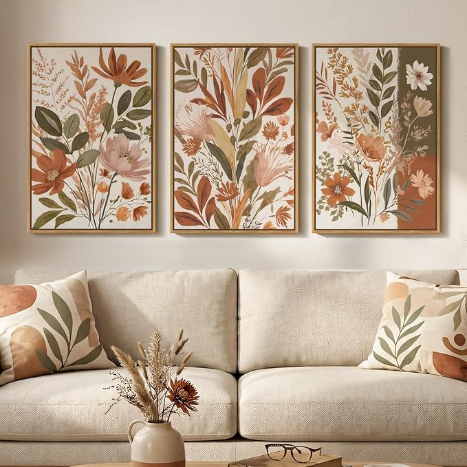 Framed Vintage Botanical Wall Art for Living Room Decor, 3 Piece Boho Warm Neutral Terracotta Floral Nature Canvas Prints, Retro Farmhouse Plant Wall Art for Bedroom Dining Room Entryway, 16x24
