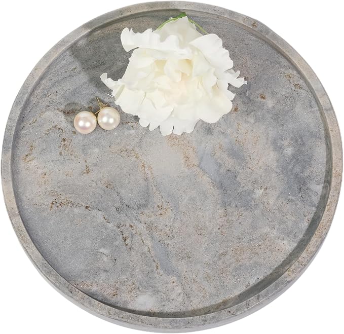 Natural Marble Vanity Tray, Round, 8.3 Inch, with Anti-Slip Pads, for Bathroom, Jewelry, Perfume Display, Coffee Table Decor (Blue with Gold)