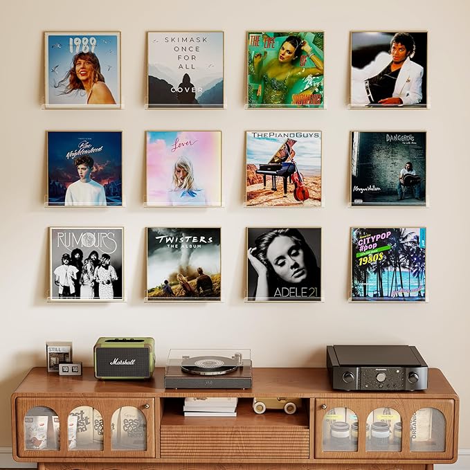 Laurensory 12 Pack Vinyl Record Shelf Wall Mount, 12-Inch Clear Acrylic Album Storage Holder, Floating Display Shelves for Wall Decor, Magazine Shelf, Kids Bookshelf, Suitable for Bedroom, Living Room