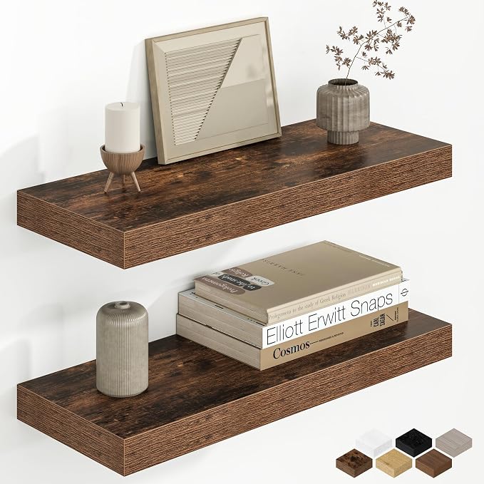 Fun Memories 20 Inch Floating Shelves for Wall, 8 Inch Deep Rustic Wood Wall Mounted Shelves with Invisible Brackets for Bathroom, Bedroom, Kitchen & Living Room Storage Decor, Rustic Brown, 2 Pack