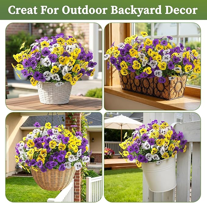 Alupssuc 36 Bundles Artificial Flowers for Outdoors, Fake Spring Flowers for Decoration, UV Resistant Realistic Pansies with Eucalyptus Silk Faux Flowers for Porch Patio Yard, Purple Yellow White
