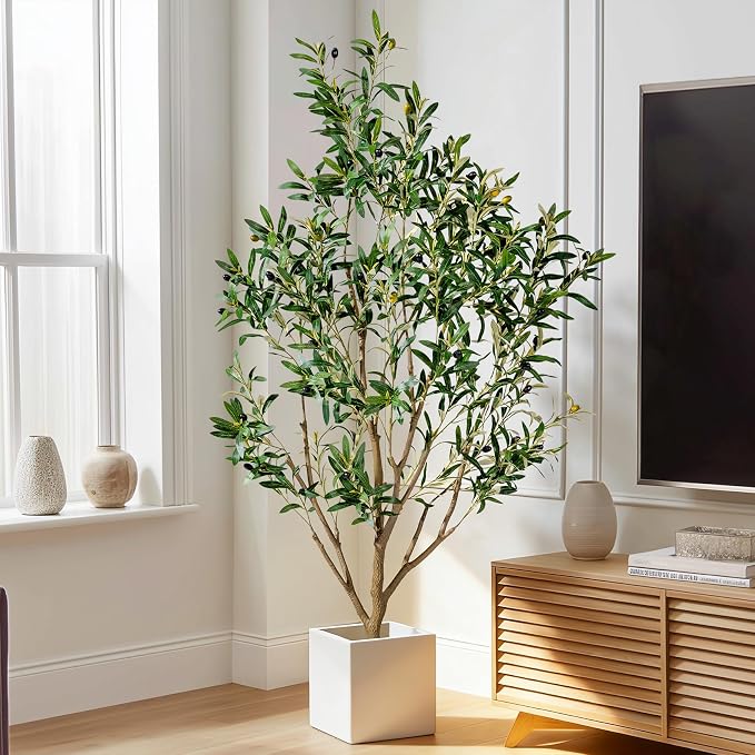 5FT Artificial Olive Tree with Realistic Leaves & Natural Trunk, Faux Silk Olive Plant in White Planter, Tall Fake Tree for Modern Home Office Living Room Entryway Corner Decor, Maintenance Free