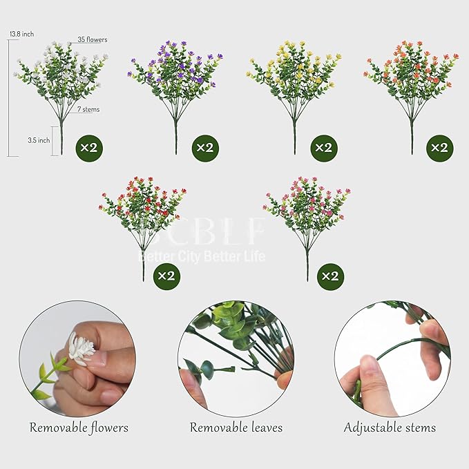 Not-Fading 6 Color Mixing Artificial Flowers, 12 Bundles Realistic Faux Plants for Indoor & Outdoor Décor Weatherproof PE Fake Plants for Porch Patio Garden and Home Decoration