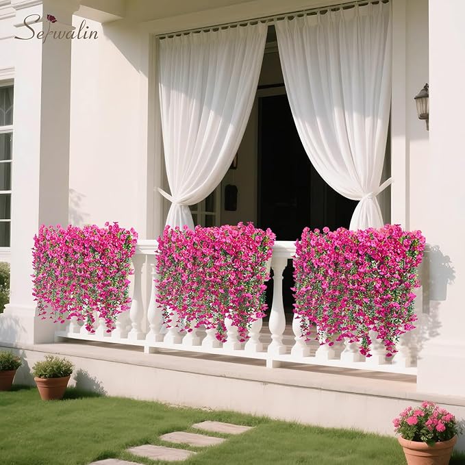 Serwalin Artificial Hanging Flowers for Outdoors Decoration, 8PCS UV Realistic Resistant Fake Silk Artificial Outdoor Plants for Porch Patio Balcony Indoor Planter Garden Yard Decor (Hot Pink,8PCS)