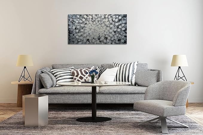 MyArton Textured Abstract Squares Canvas Wall Art Hand Painted Modern Black Silver Oil Painting for Home Decoration Ready to Hang Horizontal or Vertical 48x24inch