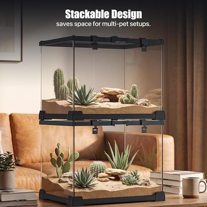 15 Gallon Fully Assembled Glass Reptile Enclosure, 20" x 12" x 14" | Escape-Proof Top Opening Terrestrial Reptile Terrarium Tank for Leopard Geckos, Corn Snakes, Frogs & Hermit Crabs