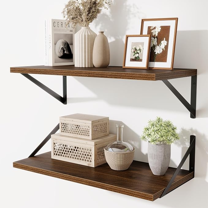 Acovy Deep Floating Shelves,24" Wx10 D Floating Shelf for Wall Set of 2,Hanging Storage Shelf with Metal Brackets,Wide Display Wall Shelves for Living Room,Bedroom,Bathroom,Kitchen,Walnut