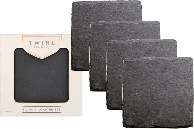 Twine Square Slate Coasters, Modern Square Coasters, Slate with Velvet Backing, Protect Tables and Surfaces, Black, Set of 4