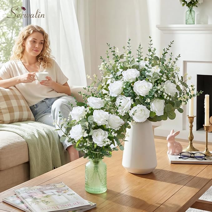 Serwalin 240 Pcs Mixed Eucalyptus Greenery Stems, White Silk Roses and Babys Breath Artificial Flowers for DIY Wedding Bouquets Home Party Arrangement Floral Vase Decor