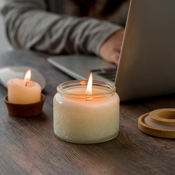4 oz Clear Mandala Glass Candle Jars with Bamboo Lids, 18 Pack | Patented Embossed Design, Includes Wick Centering Devices & Warning Labels, Multiple Color Options