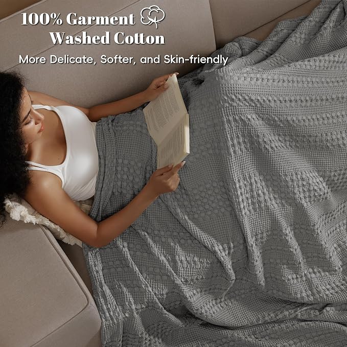 PHF 100% Cotton Waffle Blanket King Size for Bed, Lightweight Breathable and Soft for Summer, Luxury Aesthetic Waffle Weave Blanket for Home Decor & Gifts for Women, 108"x90", Dark Grey