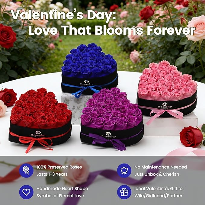 Valentines Day Flowers Roses Gifts for Her,28pcs BlueForever Preserved Roses in Heart Shape Gift Box,Valentines Day Delivery Prime Gifts-Roses Gifts for Women,Mom.