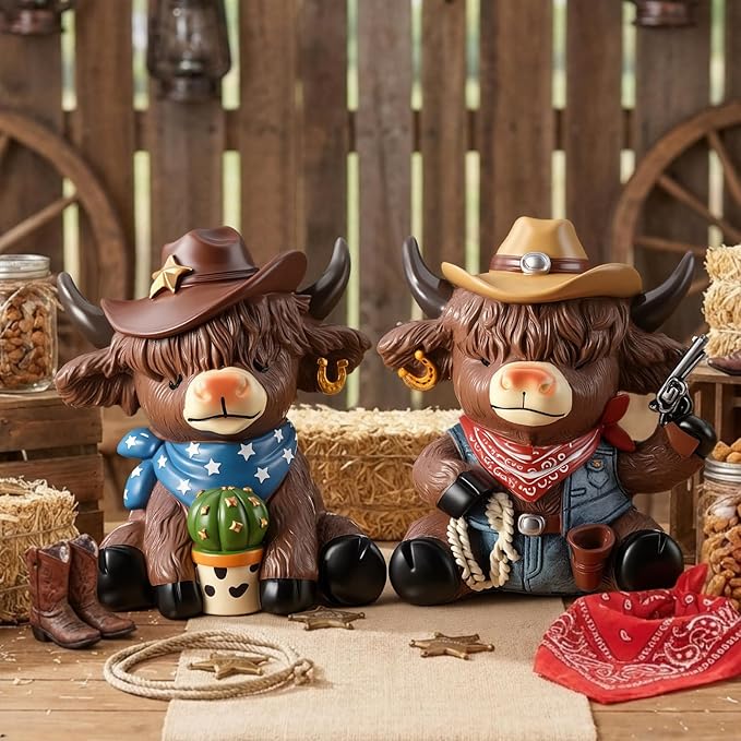 Wesiti 2 Pcs Cowboy Highland Cow Figurines, Western Resin Statue Set for Country and Farmhouse Home Shelf Decor, Cute Unique Gift for Cow Lovers and Collectors