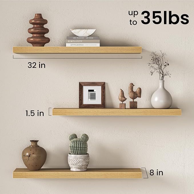 Fun Memories 32 Inch Floating Shelves for Wall, 8 Inch Deep Rustic Wood Floating Shelves Set of 2, Wall Mounted Hanging Shelf with Invisible Brackets for Bathroom, Bedroom, Kitchen, Living Room, Oak