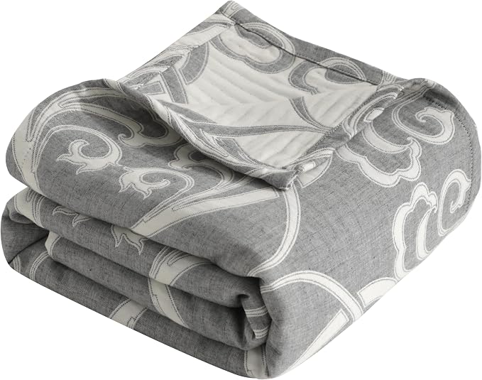 NTBAY 3 Layers Cotton Muslin 106x92 King Bed Blanket, Super Soft Breathable Thermal Yarn Dyed Quilt for Adults, Perfect Lightweight Blanket for Couch Sofa Bed All Seasons, Grey Paisley