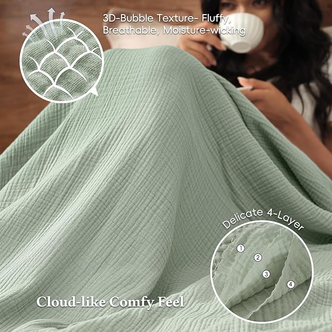David's Home 100% Natural Cotton Muslin Blanket King Size, 4-Layer Soft Breathable Lightweight Cozy Throw Guaze for Hot Sleepers, 3D Bubble Room Decor for Bed Couch, Giftable, Sage Creen, 108"x90"