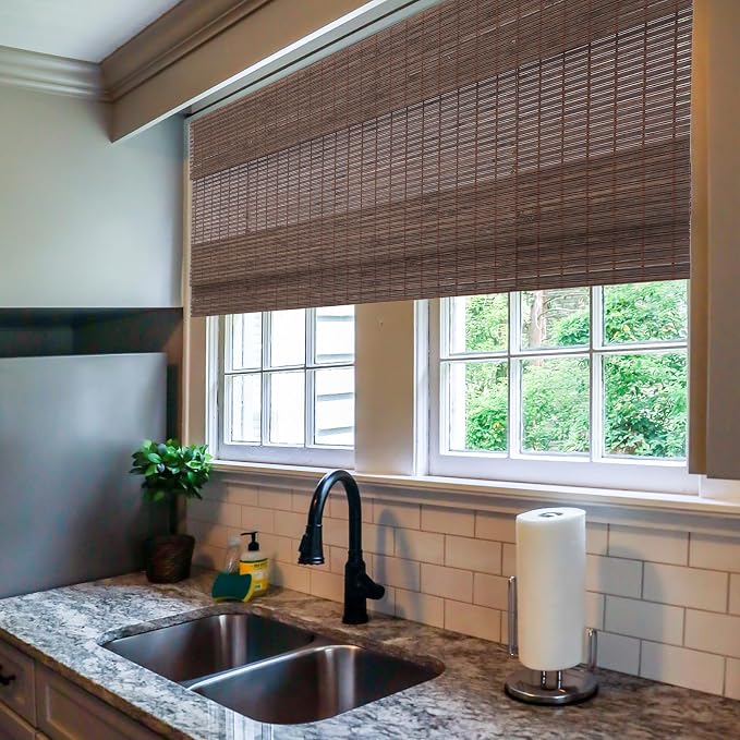 Sunbox Cordless Bamboo Roman Shades, Woven Wood Blinds, Light Filtering Natural Bamboo Shades for Indoor Windows, French Doors, 30" W x 64" H, Sarasota-Cocoa