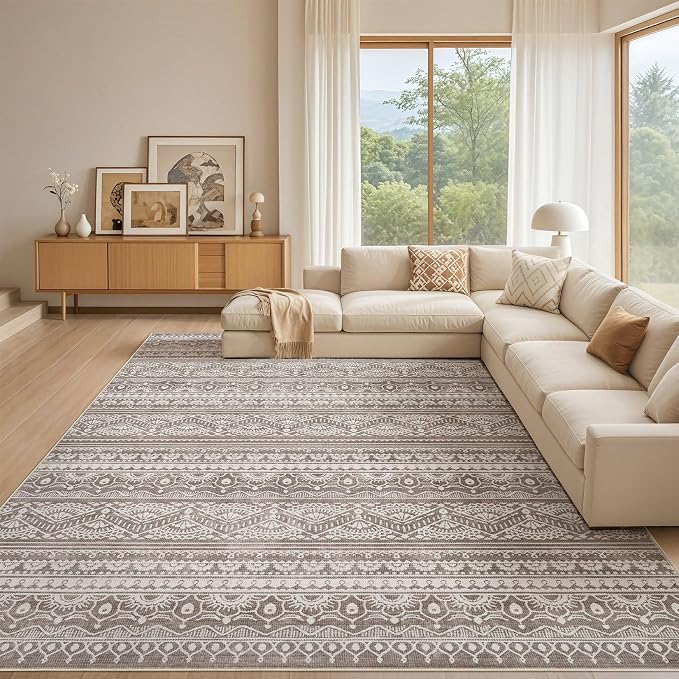 Tortania Area Rug Living Room Rugs - 10x12 Washable Large Soft Neutral Boho Moroccan Bohemian Farmhouse Rug Indoor Floor Carpet for Bedroom Under Dining Table Home Office Decor - Dark Brown