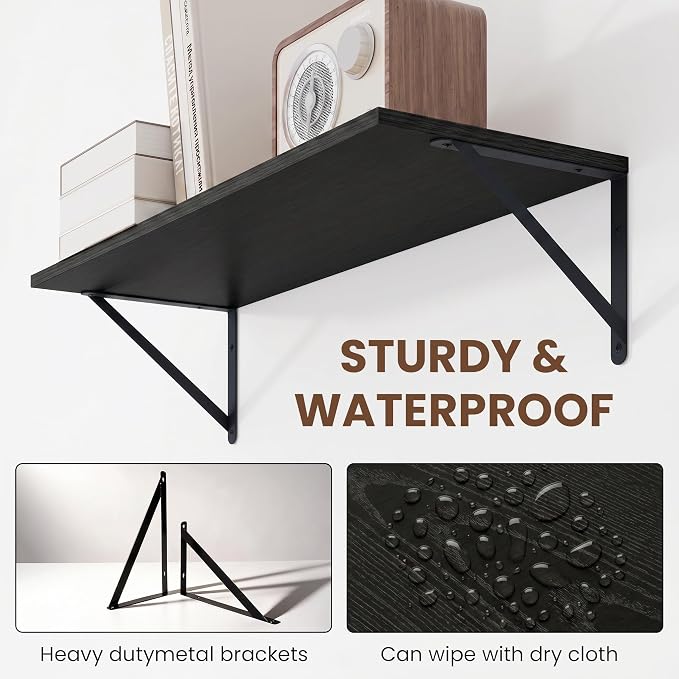 Vivelove Black Deep Floating Shelves for Wall, 16W x 8D Wood Wall Shelves Set of 2, Wide Floating Bookshelf for Living Room, Kitchen, Office, Bedroom and Decor Storage, with Metal Bracket - Black