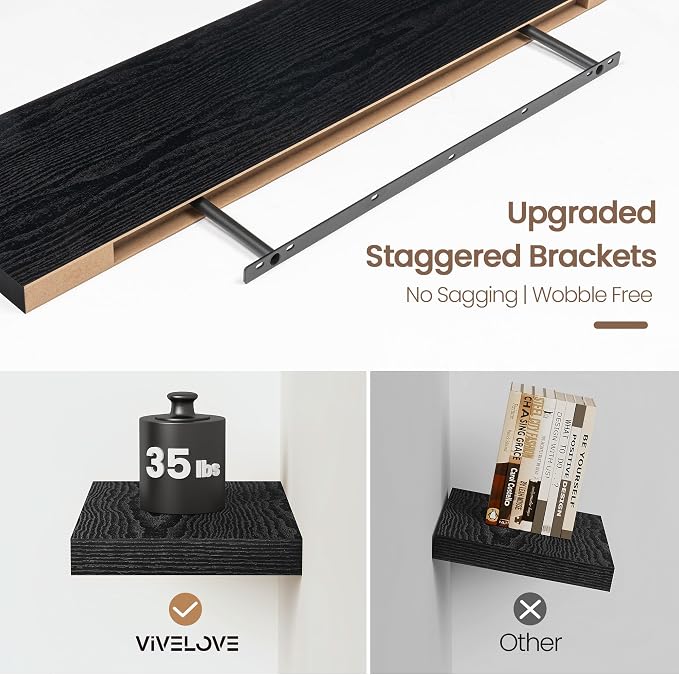 Vivelove Floating Shelves 24 Inch, Black Wall Shelves Over Toilet with Invisible Brackets for Bathroom Living Room Kitchen Bedroom Office Farmhouse Home Decor, 24" X 9.3" X 1.5" - Set of 2