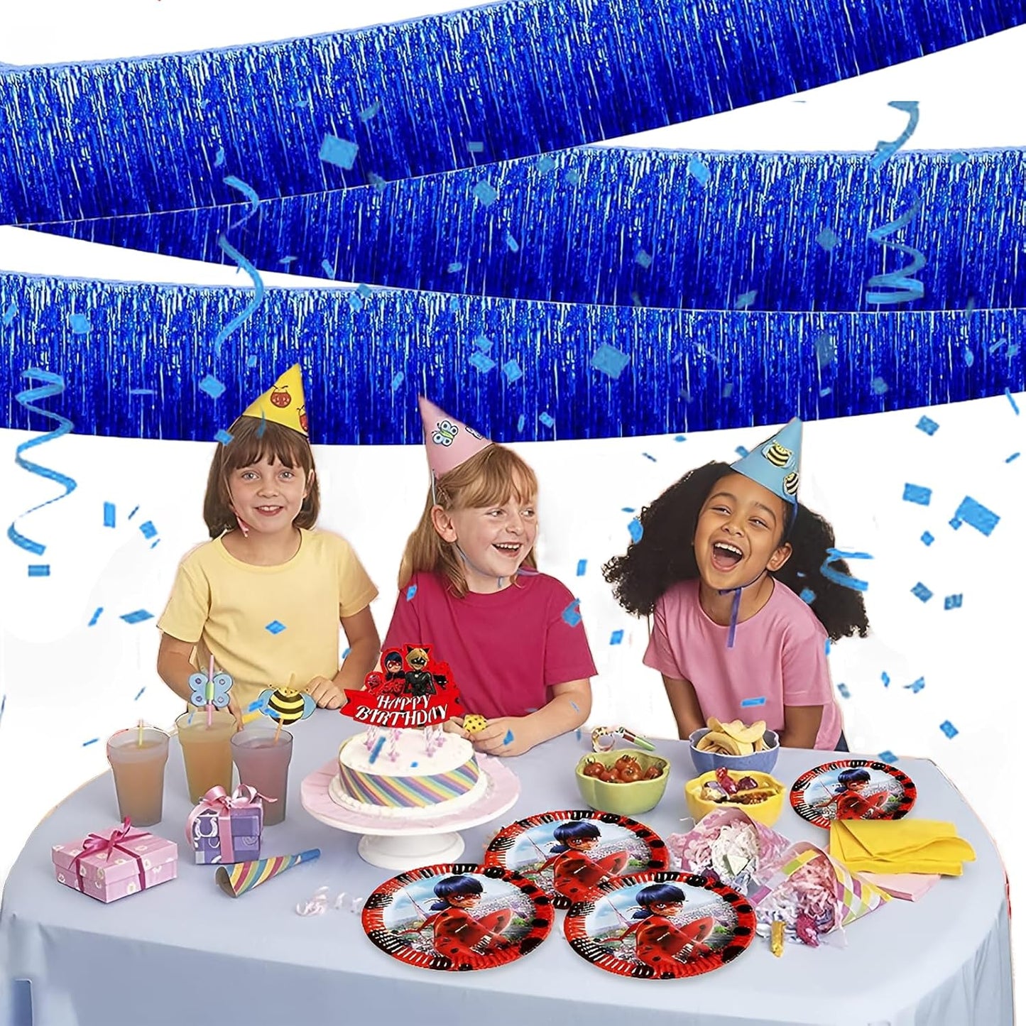 Blue Foil Fringe Garland 10FT 2packs, Metallic Foil Tinsel Fringe Banners for Parade Float Decorations Wedding, Birthday Party Graduation (Two Blue)
