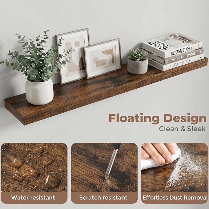Venusmiles Floating Shelves for Wall, 40 Inch Floating Shelves Set of 2, 6.5" D Wooden Wall Mounted Display Shelves with Invisible Brackets for Living Room, Bedroom, Bathroom, Kitchen Decor, Brown
