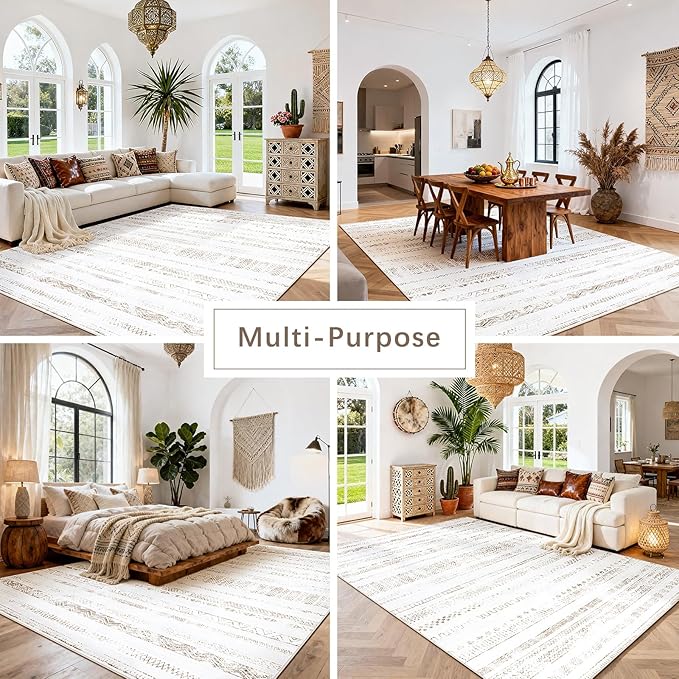 Srugn Moroccan Washable Rugs 8x10 Area Rugs for Living Room,Bedroom,Dining Room- Large Ultra Soft Faux Wool Retro Carpet,Non Slip&Non-Shedding Low Pile Vintage Print Rug-(Light Brown-White)