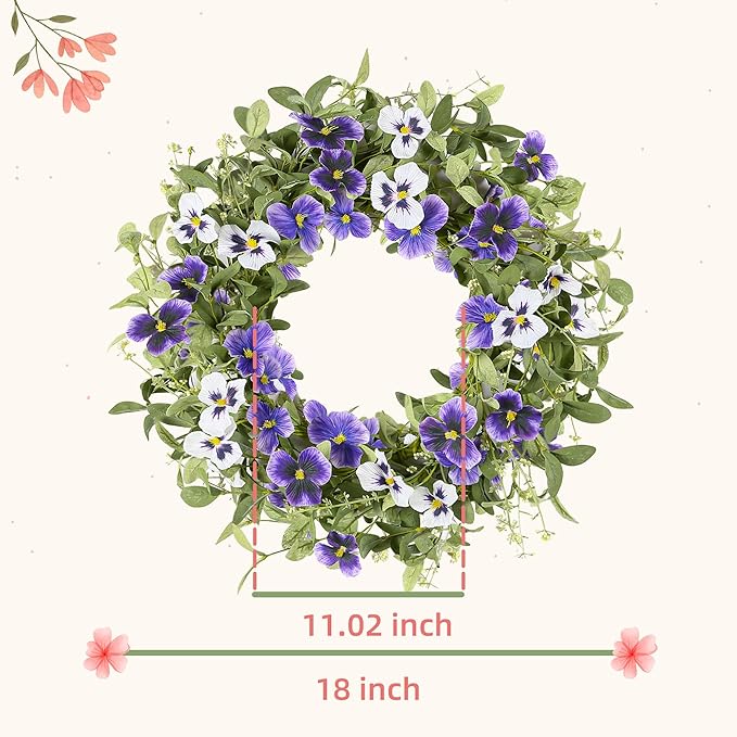 YNYLCHMX 18" Spring Summer Wreaths for Front Door, Artificial Floral Wreath with Purple Pansy Flowers Green Eucalyptus Leaves, Green Foliage Wreath for Wall Window Farmhouse Party Holiday Home Decor