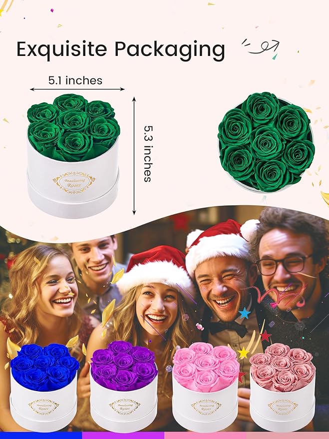 Beaulasting Long Lasting Preserved Roses in a Box Last a Year Forever Flowers for Her Mom Wife Anniversary Birthday (Round White Box, Blackish Green)
