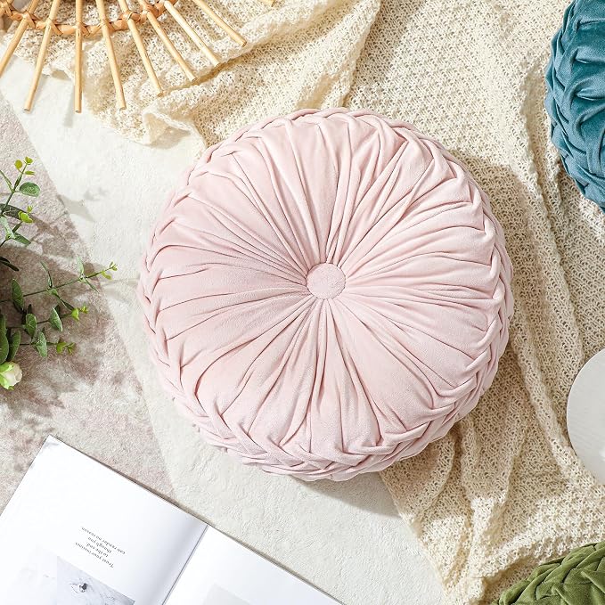 Drydiet 1 Pcs Round Throw Velvet Pillows Decorative Pleated Throw Pillows Diameter Accent Pumpkin Boho Chair Cushion for Couch Sofa Home Decoration (Pink,15'')