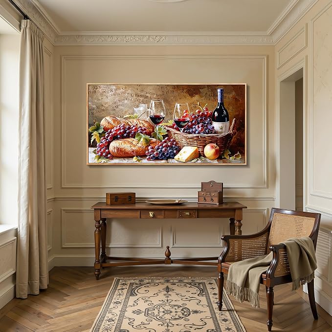 imjiayu Oversized Wall Art, Framed Wall Art, Dining Room Wall Decor, Vintage Wine Food Canvas Prints, Fruit Grape Autumn Art, Rustic Pictures for Living Room Home Bar Restaurant Decorations 29"x57"