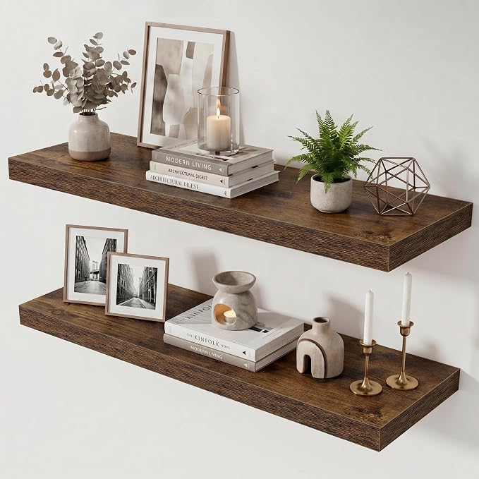 Acovy 36 Inch Floating Shelves for Wall Set of 2,12" Deep Floating Shelf Wall Mounted with Invisible Brackets,Rustic Bookshelf Wooden Storage Shelf for Living Room,Kitchen,Bathroom,Rustic Brown