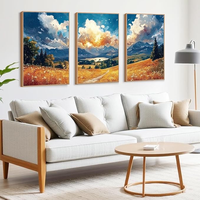 LHIUEM Mountain Wilderness Sunset Framed Canvas Wall Art,Nature Country Scenery Wall Decor,Field Pine Tree Landscape Artwork for Living Room,Bedroom,Dining Room,Farmhouse -16"x24"x3