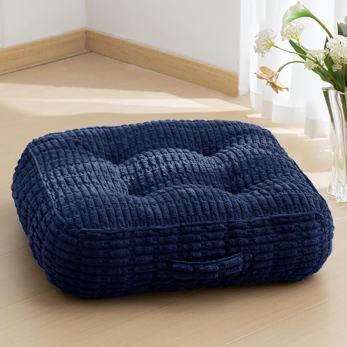 HIGOGOGO 6" Floor Pillow Cushion for Adults, Meditation Cushion Pillow, Blended Corduroy Cover, Large Square Floor Sitting for Tatami Living Room or Yoga, 22x22 Inch, Navy