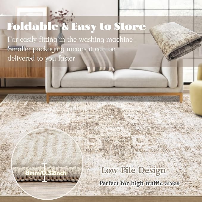 Runner Rug 2x6 Washable Rug, Vintage Boho Medallion Hallway Runner Non-Slip Soft Low Pile Distressed Floor Carpet Retro Doormat for Kitchen Bedroom Laundry Entryway Bathroom (Brown, 2'x6')