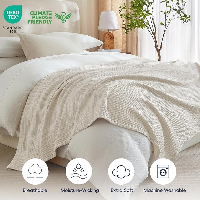 PHF 100% Cotton Muslin Blanket Queen Size 90"x90", 4-Layer Lightweight Gauze Throw, Breathable Cloud-Soft Minimalist Blanket for Bed, Couch, Camping & Baby, Oat Milk, Ideal Gift