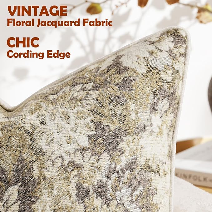DEZENE Pack of 2 Vintage Floral Euro Sham Covers 24x24 Boho Farmhouse Accents Chenille Square Decorative Throw Pillow Cases for Living Room Couch Bed Home Decor, Beige