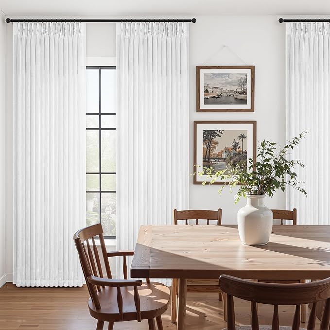 Custom Made Rustic Pinch Pleated Linen Curtains 105 Inches Long for Living Room Bedroom Netural Textured Linen Back Tab Pure White Memory Trained Pleat Drapes Ceiling Floor Semi Sheer Sliding Door