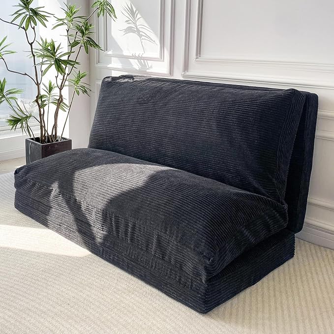 MAXYOYO Folding Sofa Bed, Extra Thick and Long Floor Sofa Convertible Chair with Washable Cover, Floor Couch Lounge Bean Bag Bed for Living Room, Black, 30"x91"