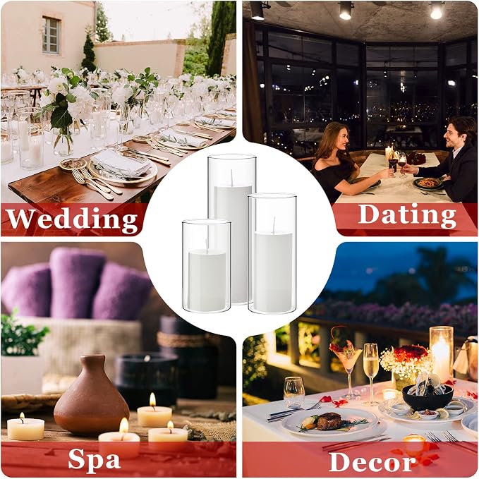Shihanee Set of 3 Pillar Candles and 3 Glass Cylinder Candle Vases Holders Clear Pillar Jars for Wedding Centerpieces(3'' x 5.9'', 7.9'', 9.8'',White)