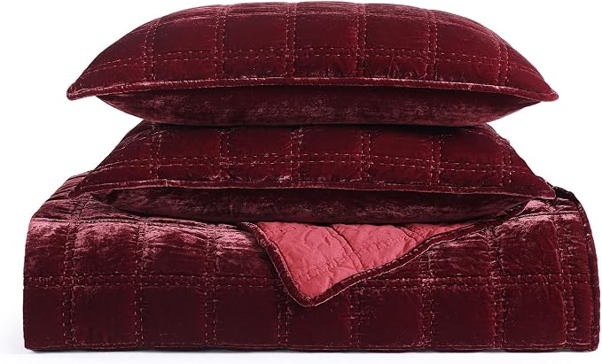 HiEnd Accent Stella Faux Silk Velvet Double Box Stitch 3 Piece Quilt Set, King Size, Garnet Red Solid Color, Classic Chic Modern Rustic Elegant Bedding Set, Lightweight Bed Set