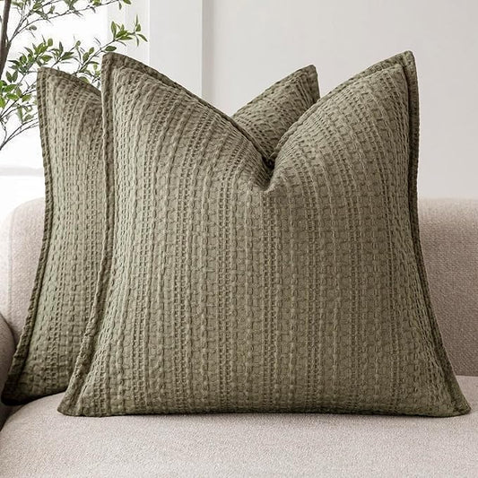 Foindtower Set of 2 Decorative Cotton Waffle Weave Throw Pillow Covers Euro Shams Cushion Covers Accent European Pillowcase for Bed Couch Sofa Bedroom Living Room Home Decor 18×18 Inch Olive Green