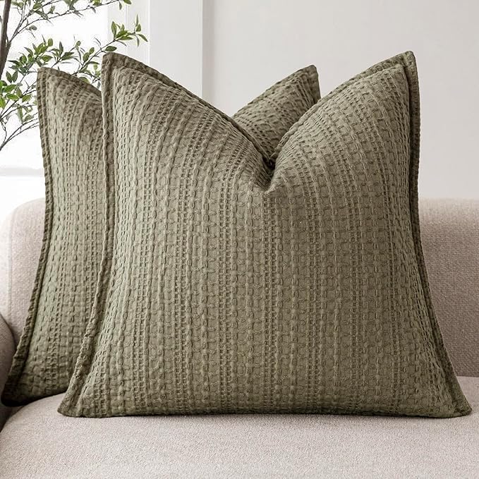 Foindtower Set of 2 Decorative Cotton Waffle Weave Throw Pillow Covers Euro Shams Cushion Covers Accent European Pillowcase for Bed Couch Sofa Bedroom Living Room Home Decor 20×20 Inch Olive Green