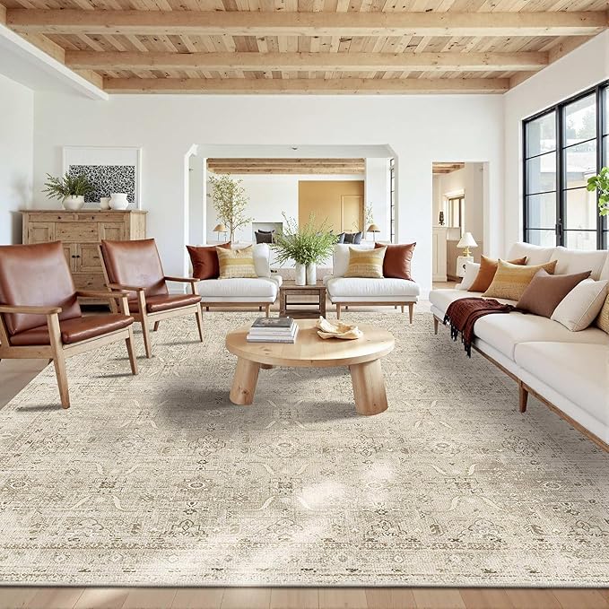 Rugxara 10x14 Area Rugs for Living Room Bedroom, Large Washable Rug, Beige Vintage Floral Boho Rug, Non Slip & Low Pile Faux Wool Carpet for Indoor Dining Room and Kids Room(Beige 10x14ft)