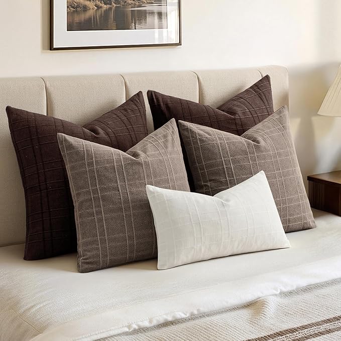 MIULEE Decorative Linen Check Euro Shams Throw Pillow Covers Neutral Farmhouse Vintage Pillow Covers 24x24 Set of 2 Boho Modern Winter Home Decor for Sofa Couch Bedroom Cushion Dark Brown