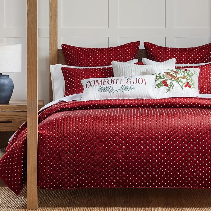 Levtex Home - Cross Stitch Velvet Red Quilt Set - Full/Queen Quilt + Two Standard Pillow Shams - Cross Stitched Pattern - Quilt Size (88x92in.) and Pillow Sham Size (26x20in.) - Reversible
