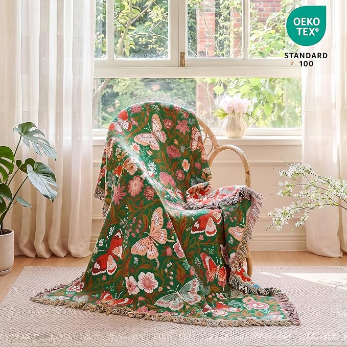 MSGKV Boho Throw Blanket for Couch 50"x60" Butterfly Floral 100% Cotton Blanket Summer Breathable Lightweight Farmhouse Blankets for Sofa Home Decor Muslin All Seasons